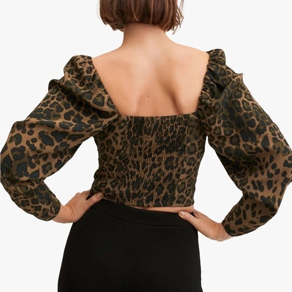 Mango Mng Leopard Animal Print Ruched Sleeve Smocked Back Top - Picture 3 of 9